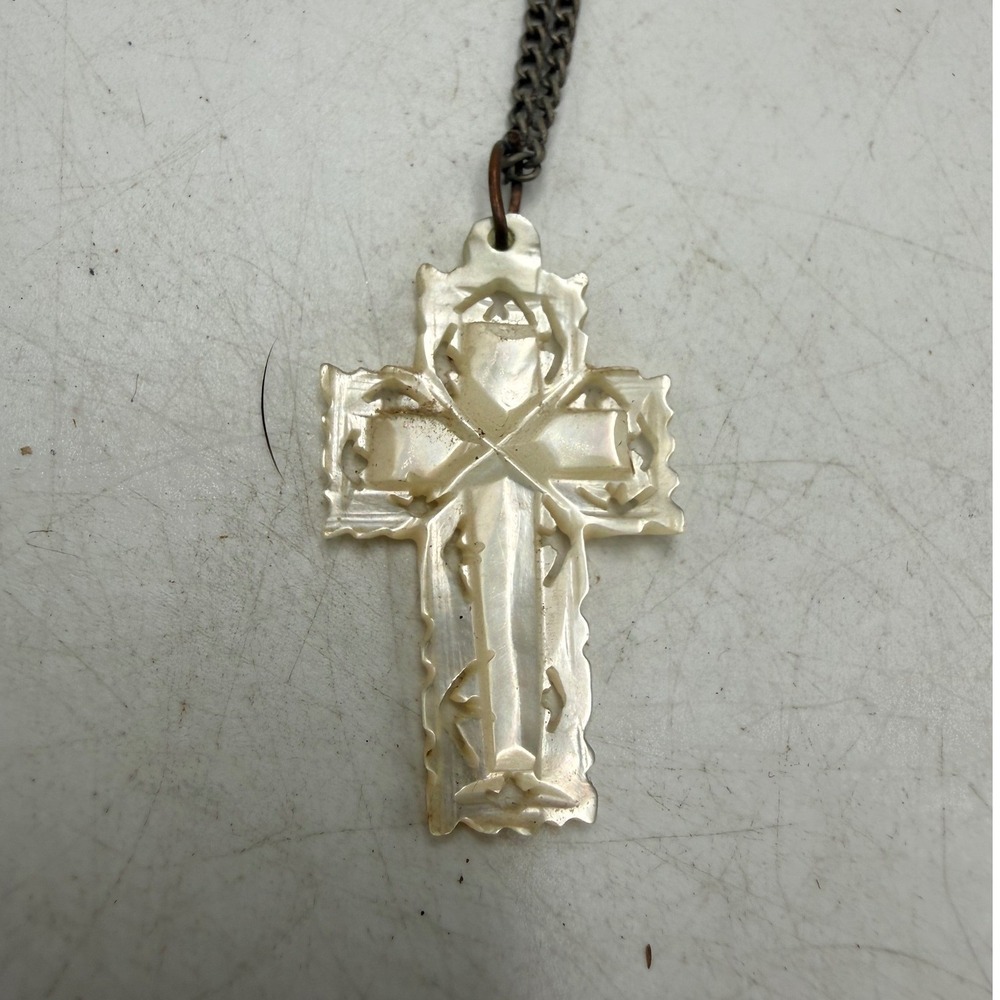 Vintage Hand Carved Mother of Pearl Bethlehem Cross Necklace Iridescent Shell